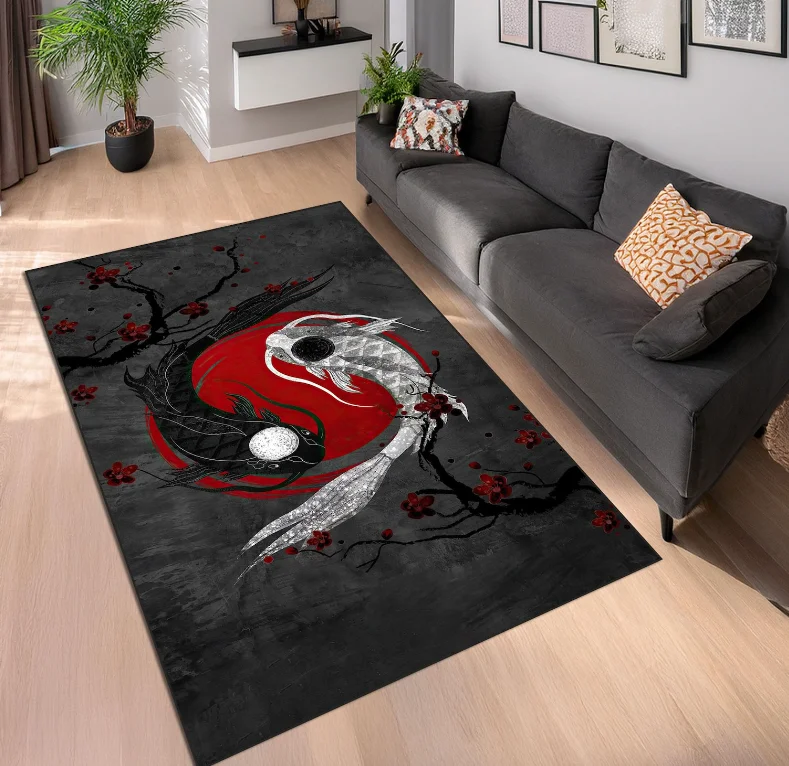 Image of Yin Yang Koi-Fisch-Teppich, japanischer Kirschblüten-Teppich, asiatische Kunst-Bodenmatte für Wohnzimmer, Schlafzimmer, Heimdekoration, Teppich