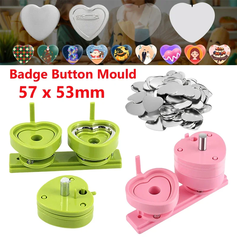 Pink Heart Shape 57*53mm Button Maker Machine Mold 100 Set Button Parts for Pin Badge Press Maker Slide Rail Machine DIY Making