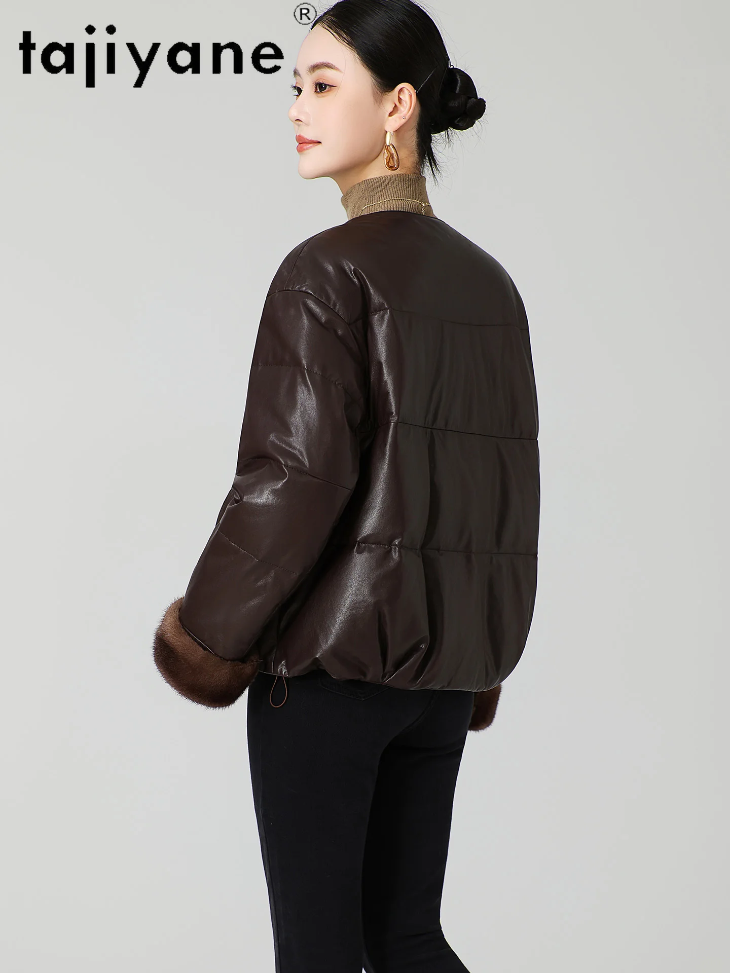 TAJIYANE 100% جلد الغنم بطة أسفل معطف امرأة فرو المنك الكفة ملابس خارجية أنيقة قصيرة سترة جلدية حقيقية الملابس الشتوية 2025 가dech자켓 #5