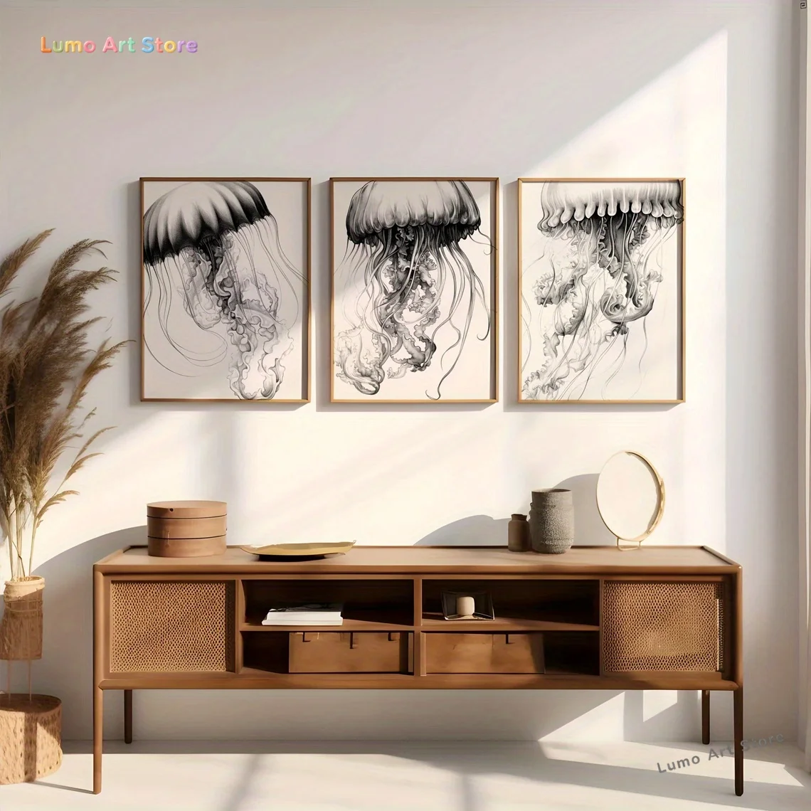 3pcs Set, Wall arts, Animals Posters, Set of 3 Oversized Jellyfish Prints | Triptych Wall Art | Black and White Art | Underwa