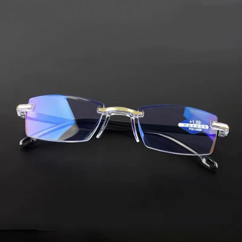 Gafas de lectura sin montura para personas mayores, anteojos de lectura para miopía, antiluz azul, graduadas para negocios, presbicia, 0 -100 -350
