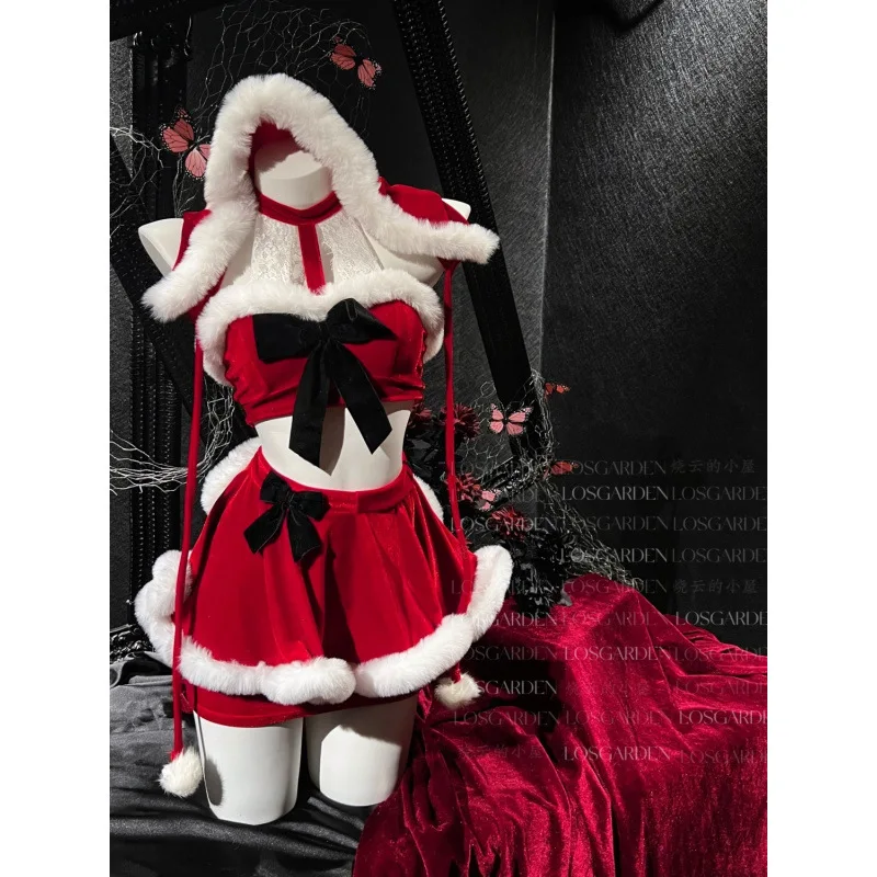 Christmas Costumes for Women Hanging Neck Top with Hat Fancy Dress Set Xmas Party Adult Red Hat Santa Cosplay Costume