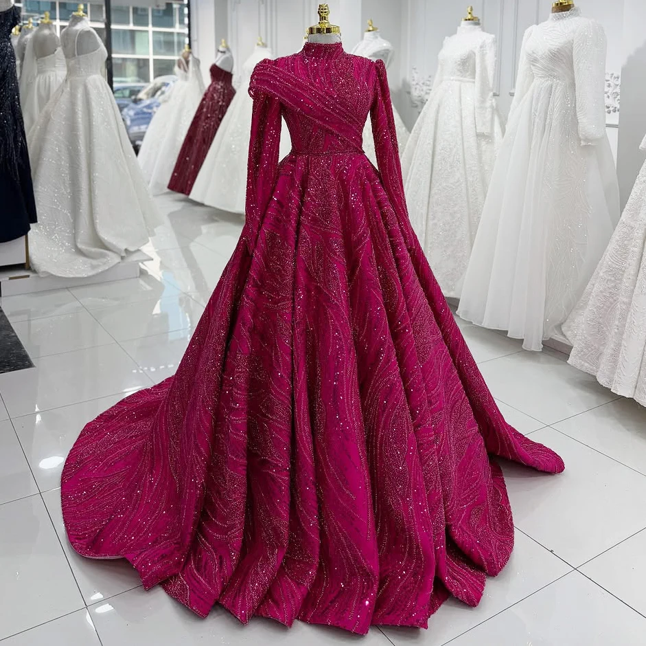 Elegant Long-Sleeved Evening Gown Women Wine Red Dress With Small Bead Embellishments With Train Custom Made Wedding Gala Dress