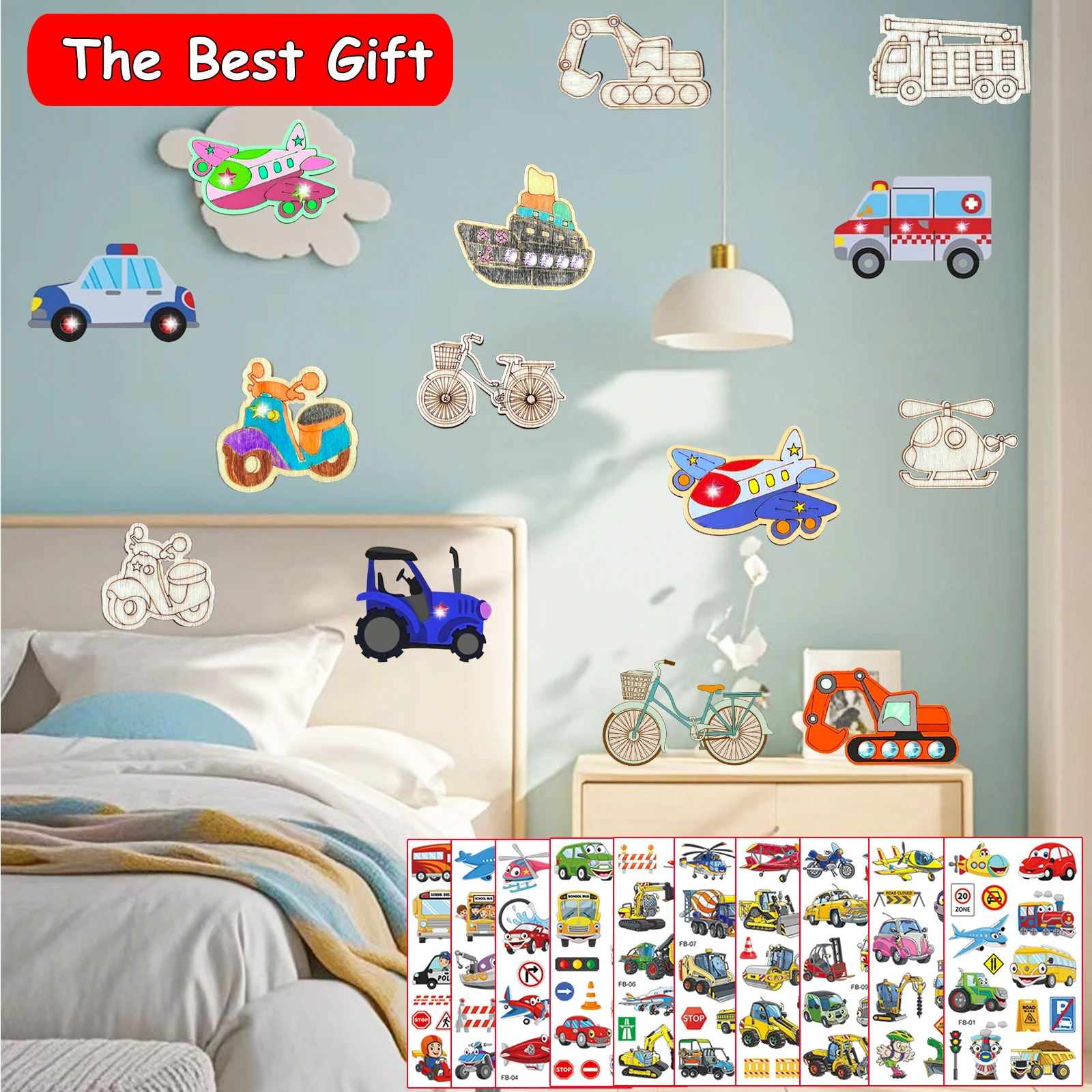 398 ชิ้นรถชุดงานฝีมือไม้,ขนส่งชุดงานฝีมือไม้,ของขวัญงานฝีมือวันเกิด, เหมาะสําหรับงานฝีมือ DIY สําหรับเด็กหญิง/เด็กชาย