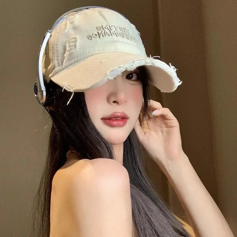 Adjustable Ripped Baseball Cap Alphabet Embroidery Washed Cotton Letter Baseball Hat Korean Visor Snapback Cap Teenagers