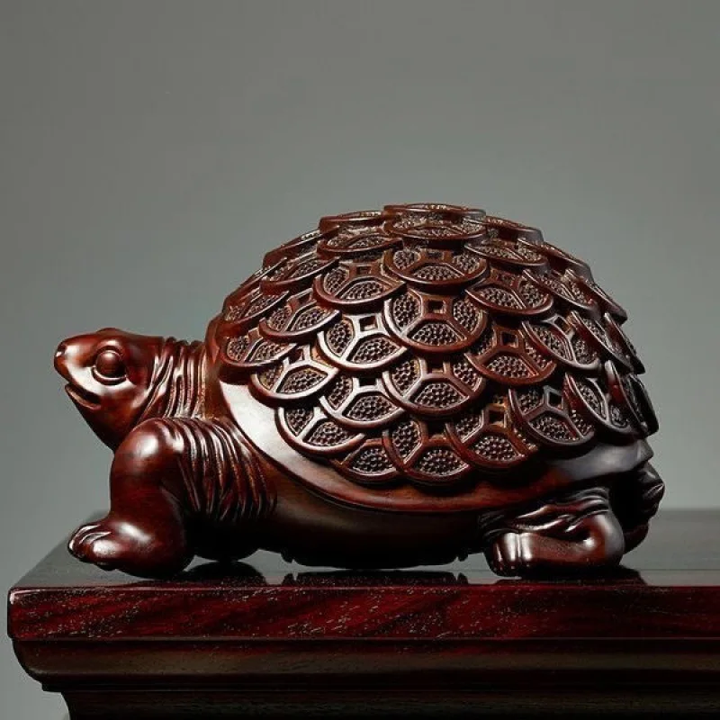 

Black sandalwood carved gold money turtle ornament, solid wood turtle, home feng shui, living room, office decoration, desktop