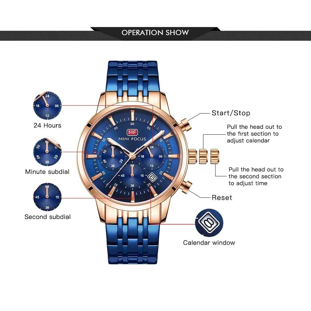MINI FOCUS 0282G Men Business Chronograph Quartz Watch Stainless Steel Male Clock Men‘s Waterproof Watches Relogio Masculino