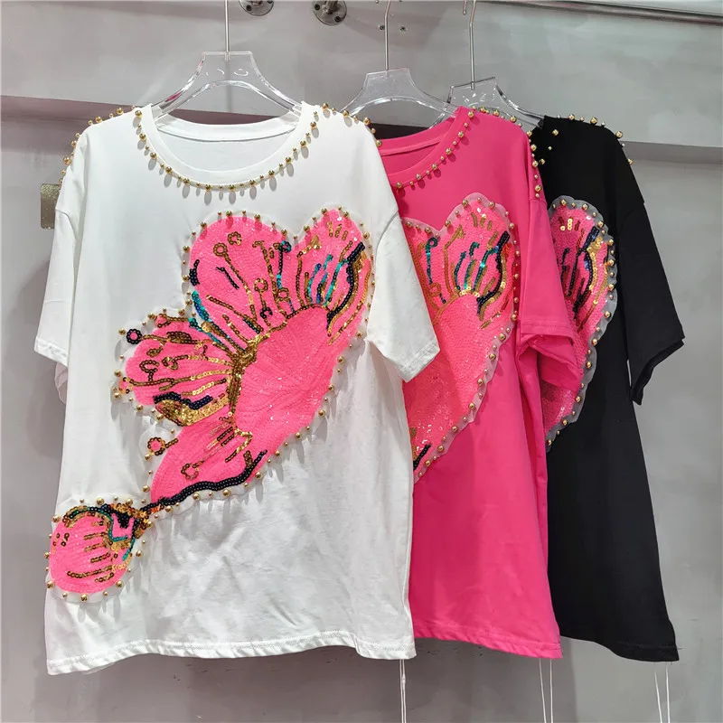 

Luxury Flowers Embroidery Sequined T-shirts Patchwork Floral Pearls Beaded Tees O-neck Casual Short Sleeved Jumpers Crop Tops