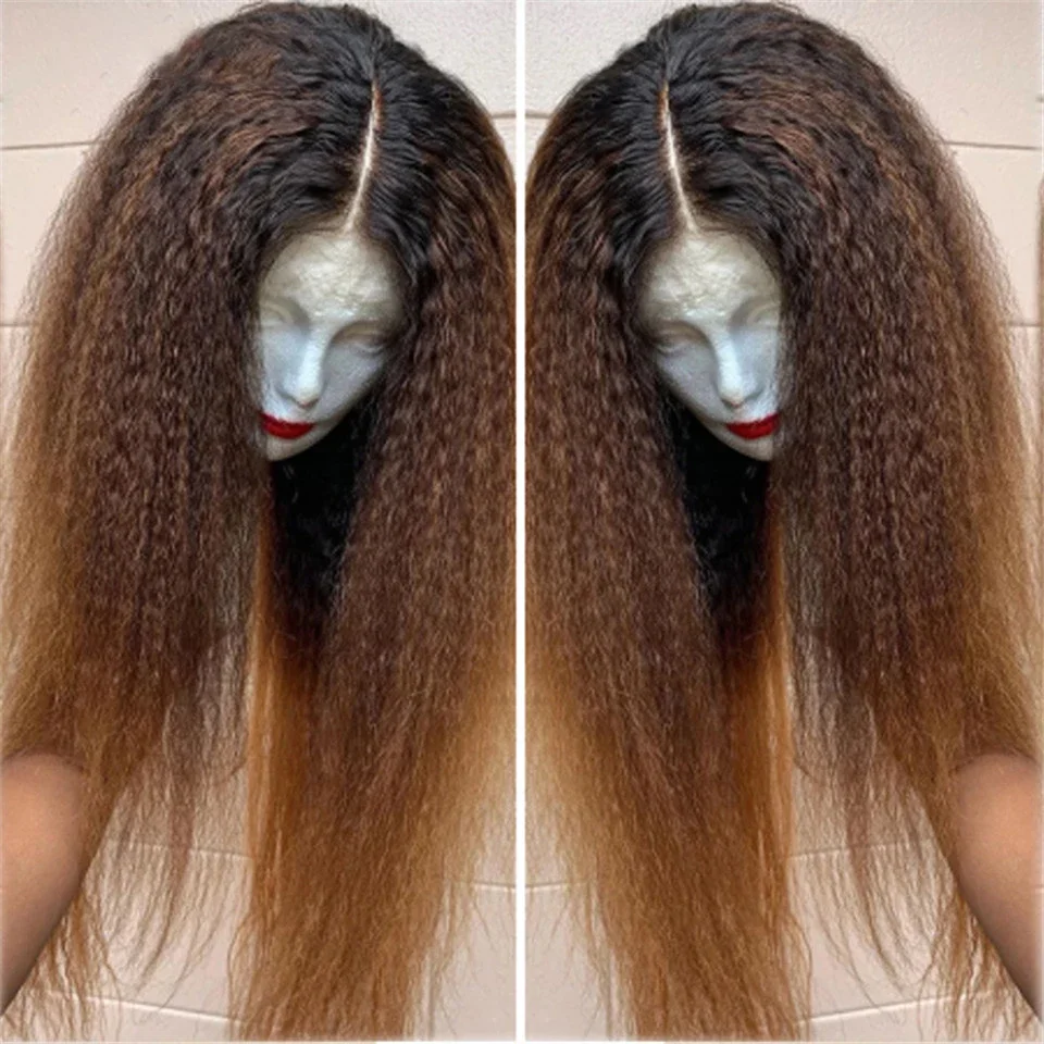 24Inch Long Glueless Kinky Straight Yaki Natural ombre brown Soft 13x4 Lace Front Wig For Women With Baby Hair Preplucked Daily