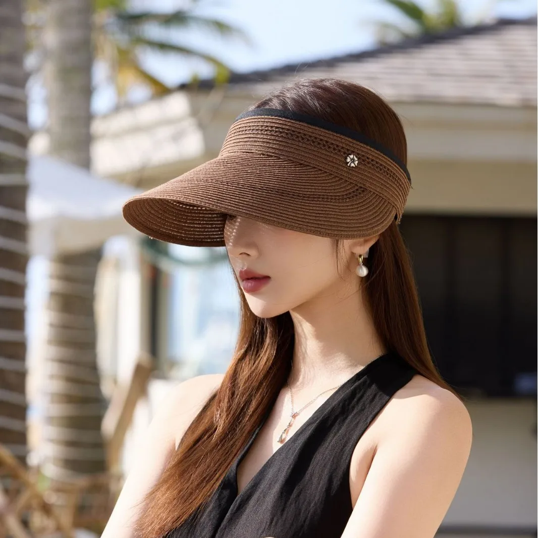Women Wide Brim Straw Visor Hat UV Protection Windproof Hollow Top Adjustable Beach Vacation Casual Summer Shade Cap