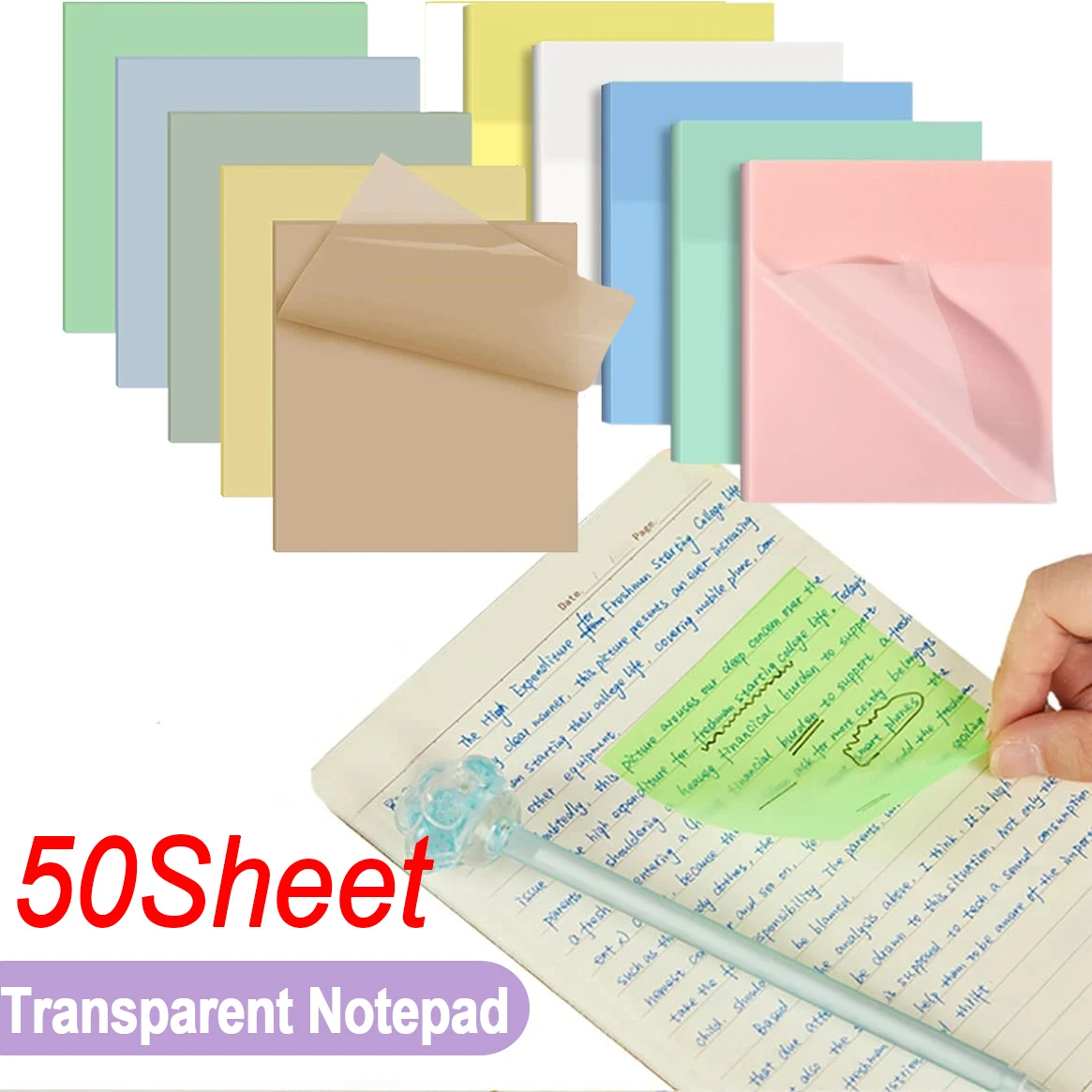 50 Sheets Creative Transparent PET Memo Pad Posted It Sticky Notes Planner Sticker Notepad Students School Stationery Supplies