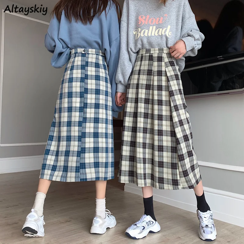 

Plaid Midi Skirts Women Spring Preppy Style Pleated A-line Elastic Waist Slender Lattice Empire Students Versatile S-3XL