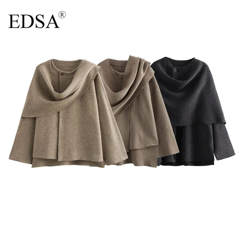 EDSA Women Knitted Jacket Asymmetric Scarf Collar O-neck Single Button Side Slit Solid Loose Coat Winter Female Chic Outerwear