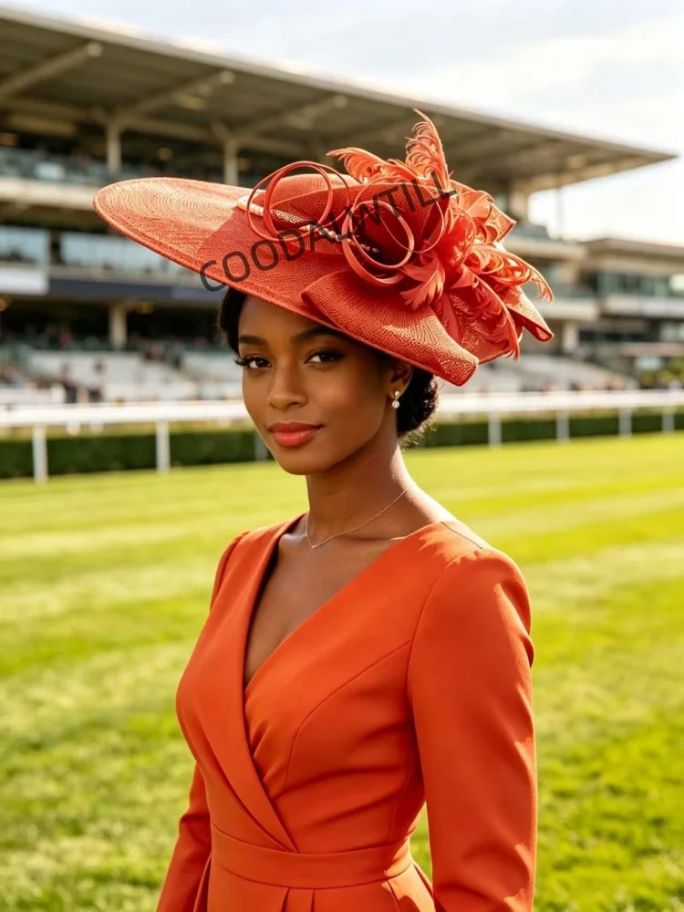 Hot Pink Large Fascinator Hat Women Feather Pearl Decor Royal Ascot Horse Race Derby Wedding Church Cocktail Party Millinery view 4