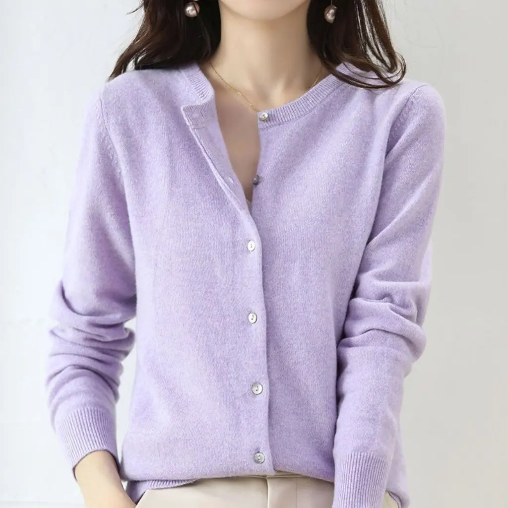 

Women's Solid Color Cardigan Sweater Long Sleeve round Neck plus Size Loose Top Autumn New Stitched Fashion