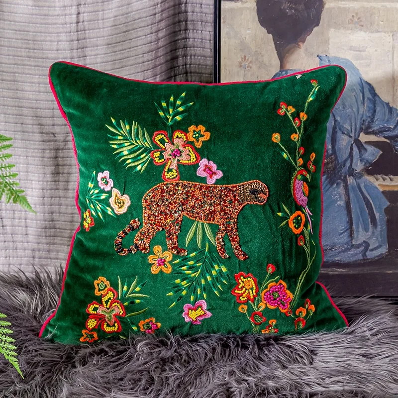 

Подушки с леопардовой вышивкой, роскошный зеленый бархатный чехол для подушки, современная мягкая декоративная наволочка для дивана, кресла, украшения дома
