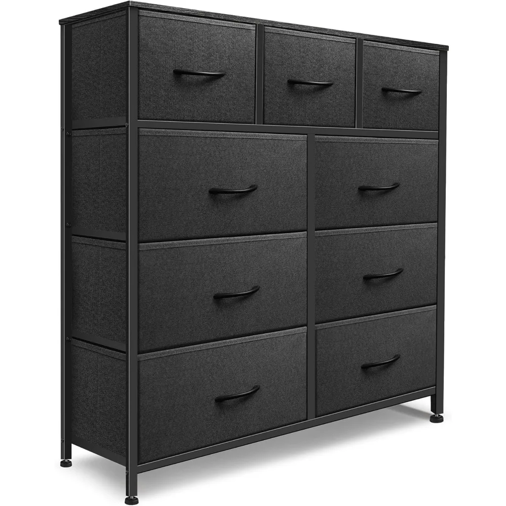 

Dresser for Bedroom with 9 Drawers, Chest of Drawers, Storage Drawers Organizer Unit, Black Wide Fabric Dresser with Fabric Bins