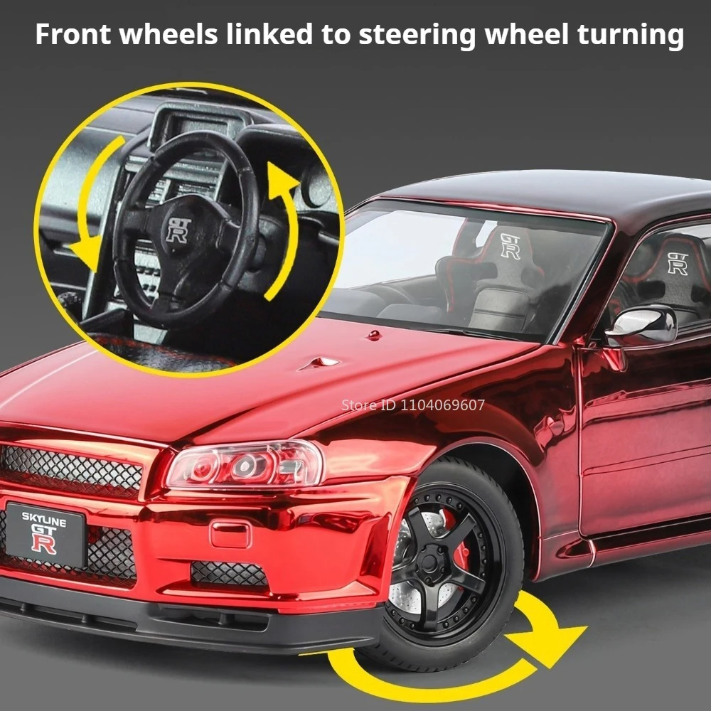 1:24 GTR-R34 Alloy Car Diecast Model Toys Front Wheel Steering with Sound Light Pull Back Miniature Vehices Kids Christmas Gifts