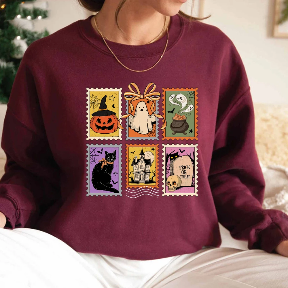 Retro Halloween Cat Ghost Sweatshirt Spooky Season Hoodie Unisex Casual Sweatshirts Pumpkin Halloween Pullover Streetwear Tops