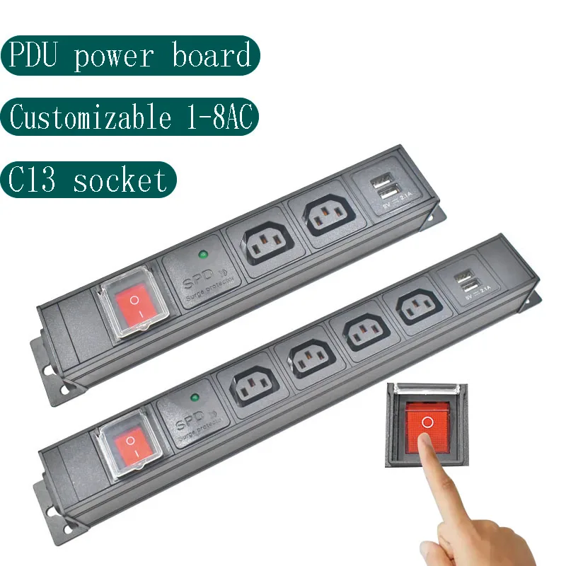 PDU power board aluminum alloy shell high-power C13 socket C14 port 1-8AC with double break switch surge protection USB charging