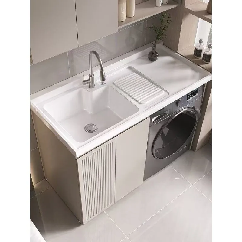 

Stainless steel full panel balcony laundry cabinet combination quartz stone basin with washboard drum laundry tub mate