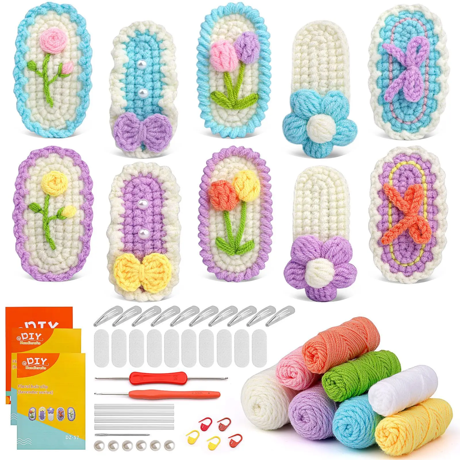 Colorful Flowers Hairpin Clip Handmade Crochet Material Pack Easy to Learn with Step-by-Step Video DIY Crochet Supplies