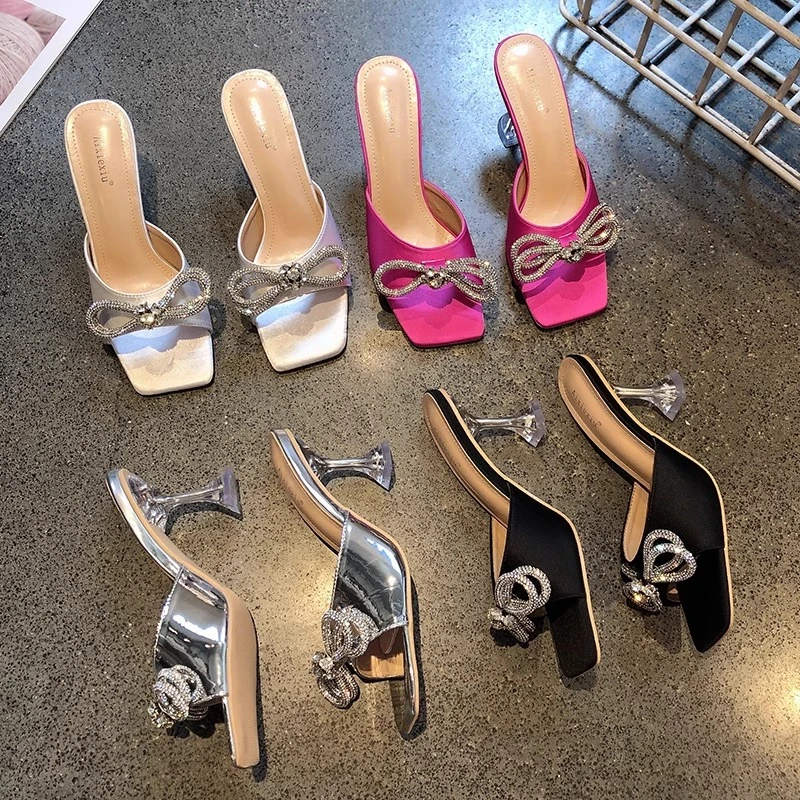 2025 New Rhinestone Bow Slippers Exquisite High Heel Sandals Fairy Rose Red Diamond High Heel Party Shoes Women's Shoes