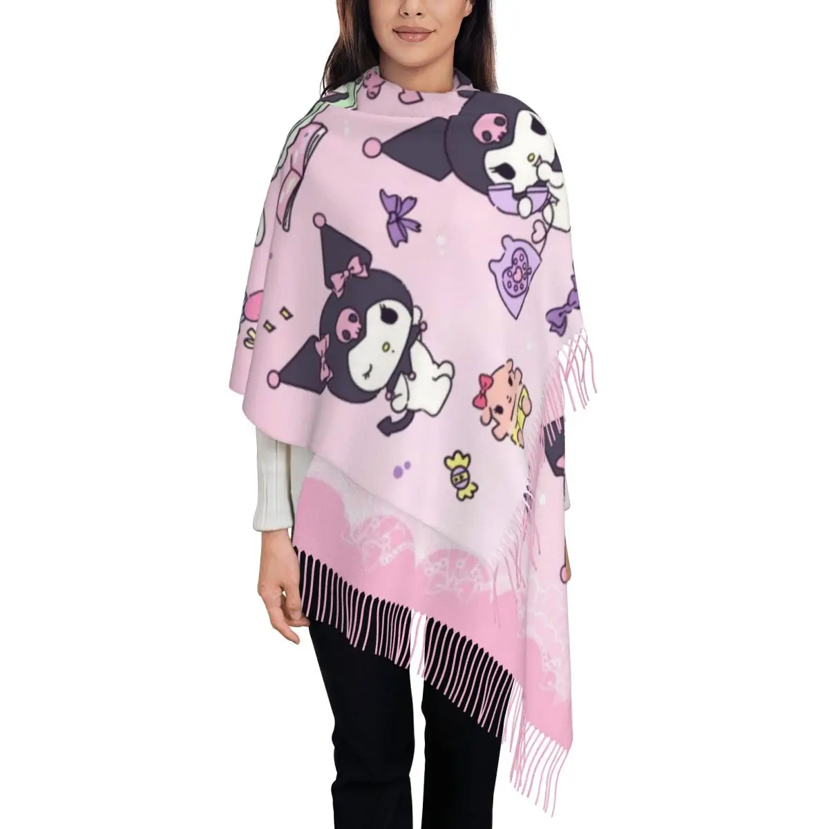 

Женские большие шарфы с героями мультфильмов Kuromi на заказ, женские зимние толстые теплые шаль с кисточками, шарф