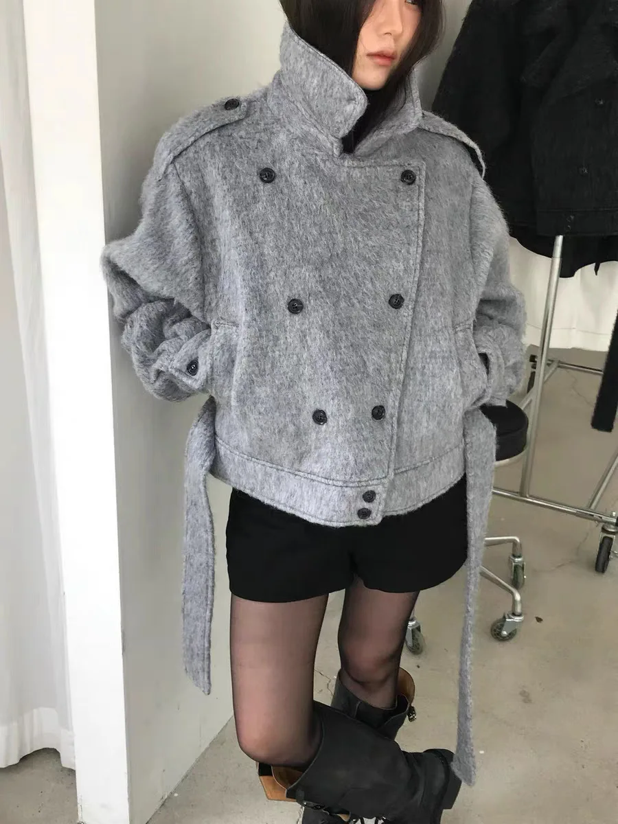 معطف صوفي من East Gate ort للنساء مزدوج الصدر بتصميم كلاسيكي بحزام معطف صوف رائع ملابس خارجية شتوية للسيدات