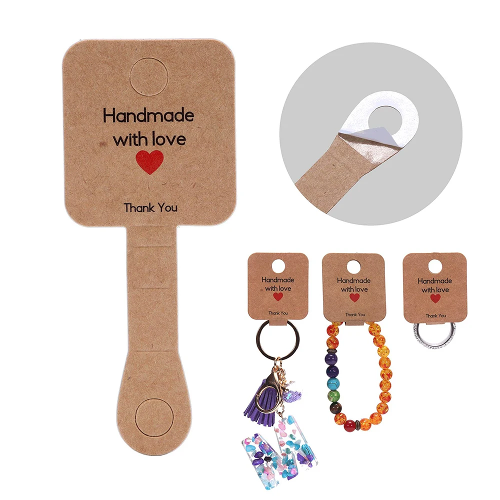 

50pcs 10x4cm Half-fold Cards Self-adhesive Price Tag Jewelry Packing Accessories Bracelet Ring Holder Handmade with Love Sticker