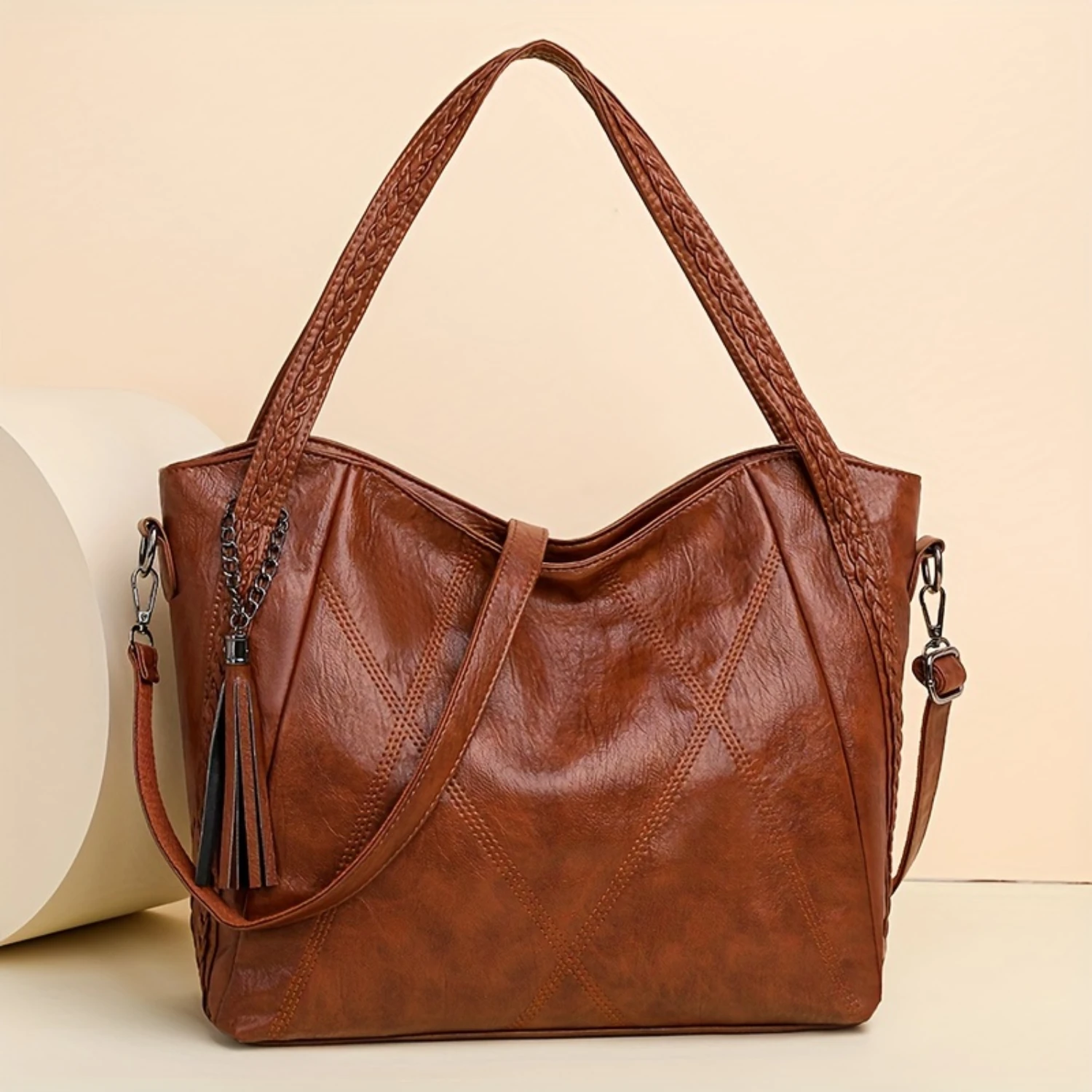 

Fashion Tassel Decor Tote Bag, Retro Stitching Crossbody Bag, Women's Braided Pattern Shoulder Bag