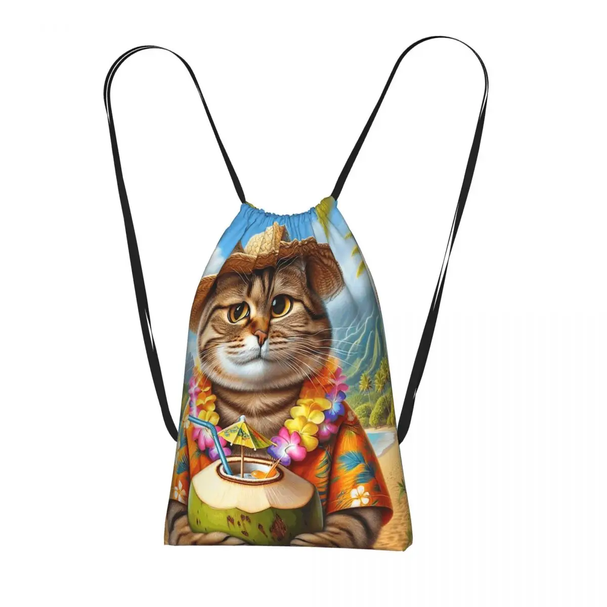 

Beach Straw Hat Black Cat Pattern Backpacks Casual Drawstring Bags Sports Bag Book Bags for Man Woman School