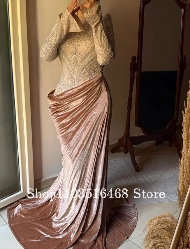 Customzied Red Bean Paste Muslim Mermaid Velvet Evening Gown Intricate Embroidery Beading Islamic Wedding Dress Special Occasion