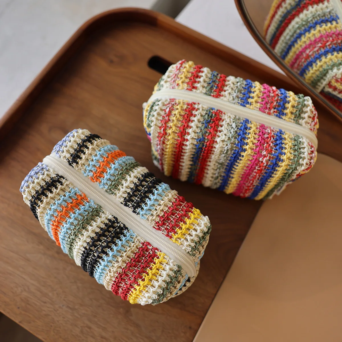 Colorful Knitted Cosmetic Bag Travel-Friendly Handbag Toiletry Pouch Women's Cosmetics & Skincare Organizer On-the-Go Bag-in-Bag