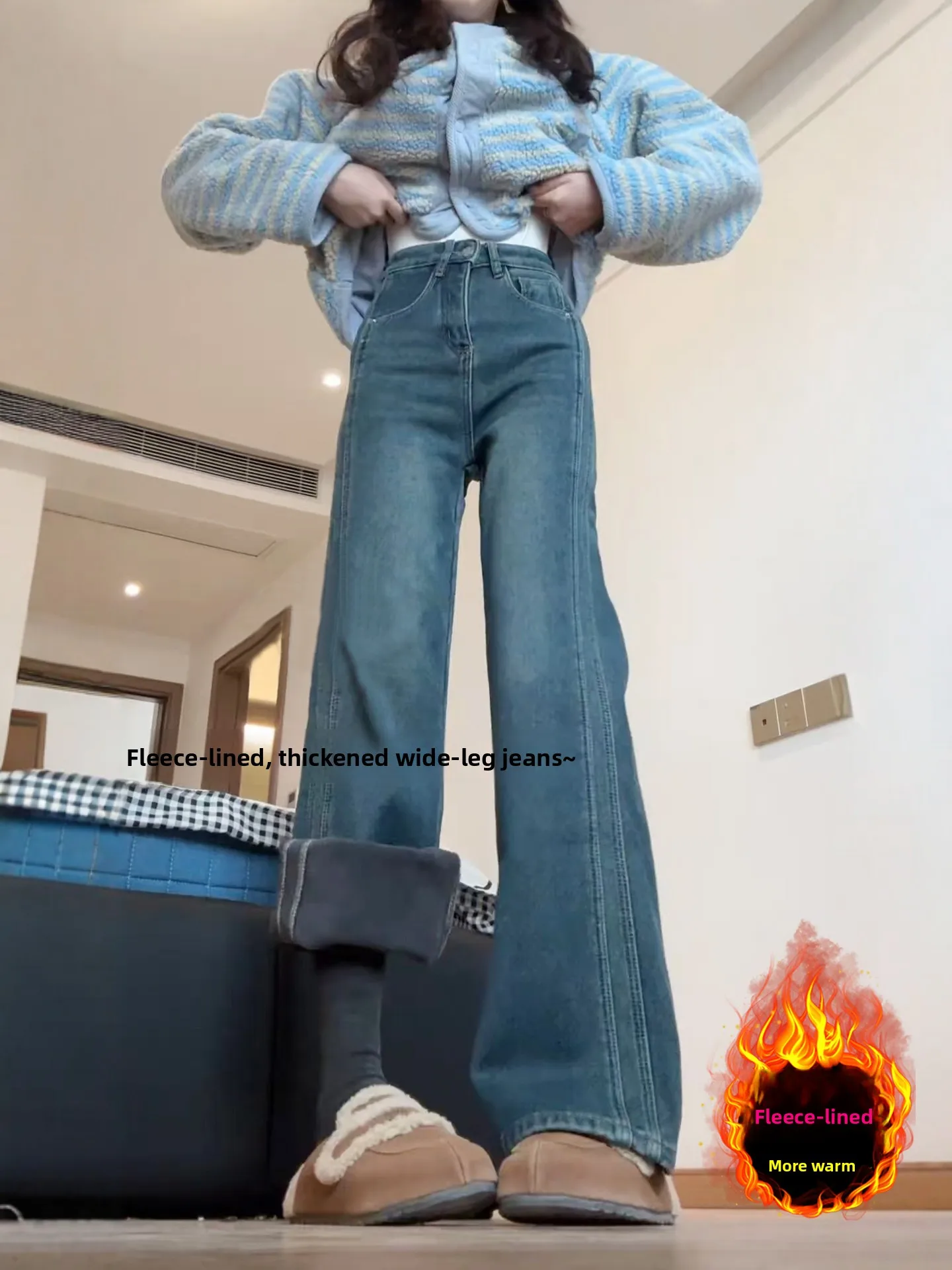

Утепленные флисовые синие расклешенные джинсы для женщин, зимние, новые, маленькие и большие размеры, облегающие, с высокой талией, узкие, широкие брюки