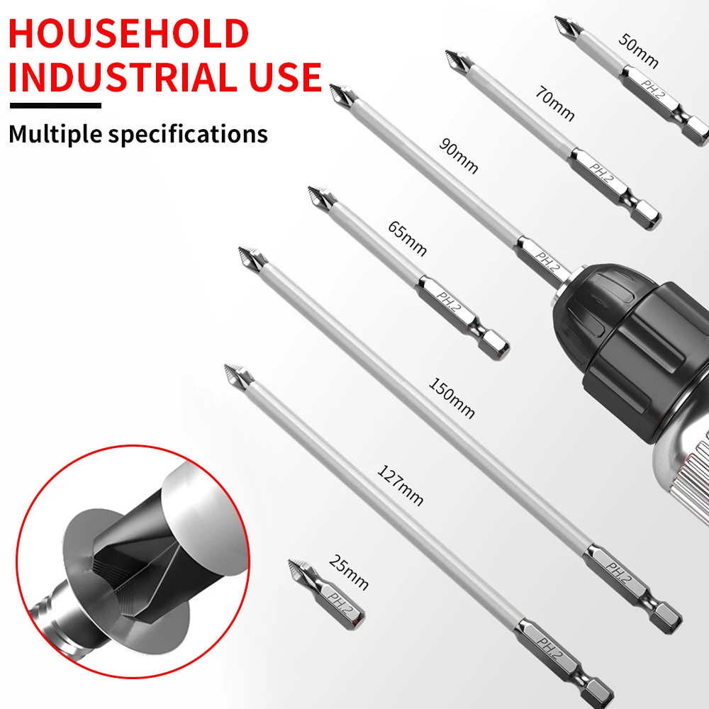 Screwdriver Head Set 25/50/65/70/90/127/150MM Anti Slip Magnetic Cross Screwdriver Heads High Hardness Batch Head Impact Drills