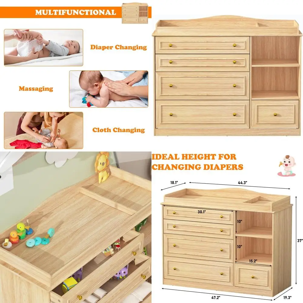 

Пеленальный столик из дерева с 5 ящиками, регулируемыми полками и изогнутыми элементами в природном стиле