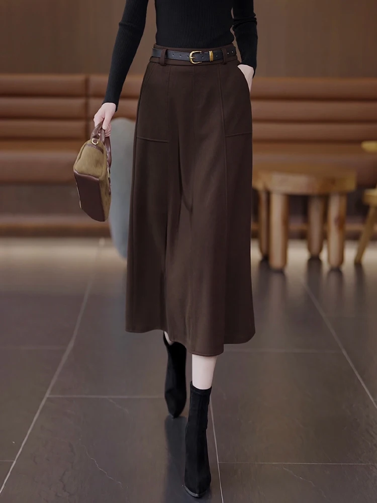 

Caramel Woolen A-Line Midi Skirt Women's Autumn Winter High Waist Slimming Drapey Skirt Korean Style Commute Fashion plus Size