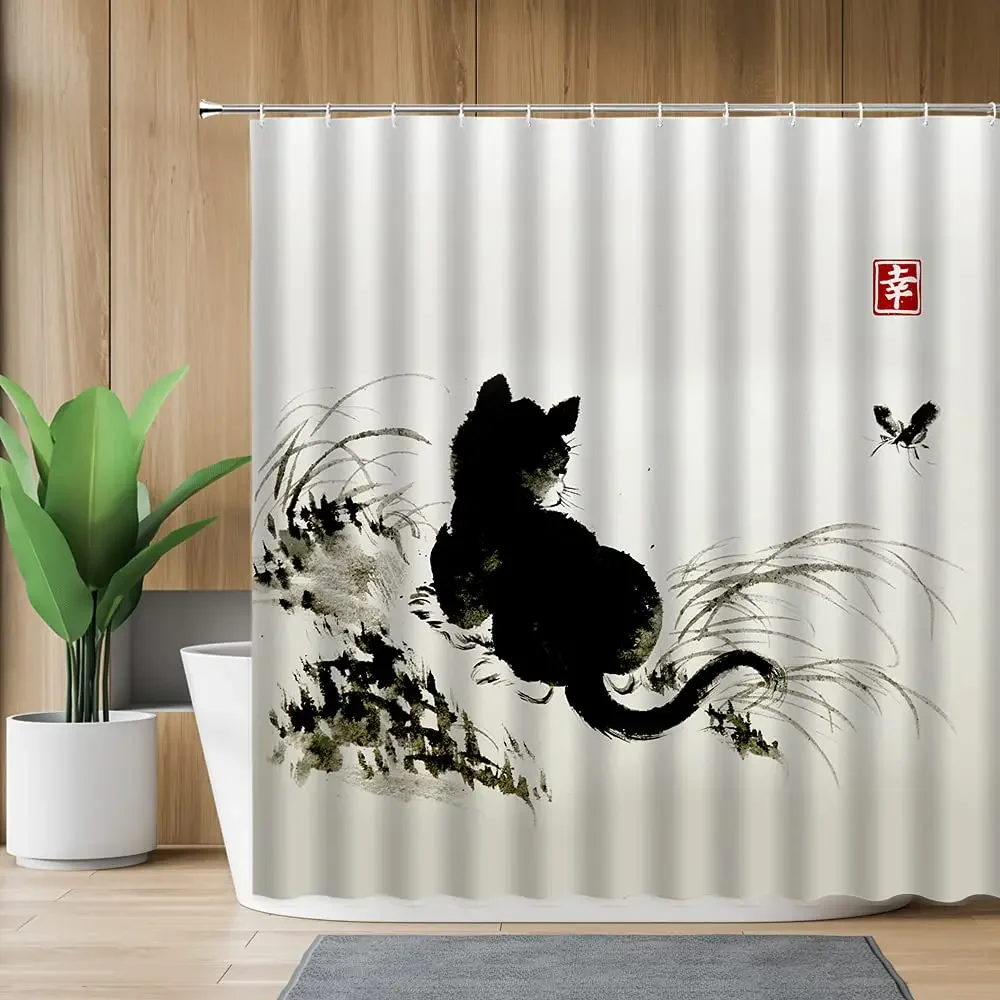 Asian Style Traditional Japanese Ink Painting Shower Curtain Vintage Cat Animal Cartoon Black Cat Silhouette Bathroom Decorative