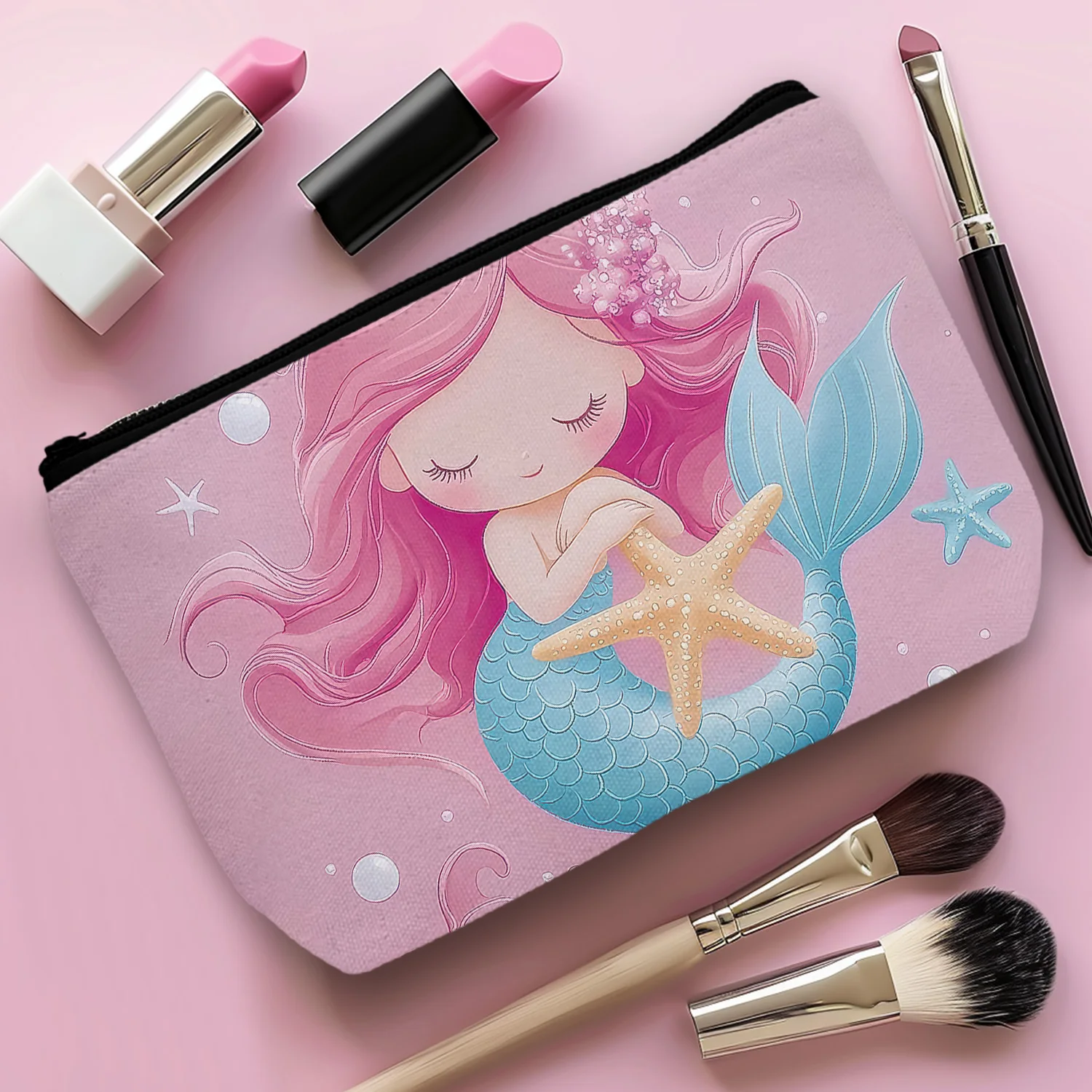 1Pc Cosmestic Bag With Cartoon Mermaid Pattern Makeup Bag Portable Travel Stuff Bag Personalized Gifts For Women