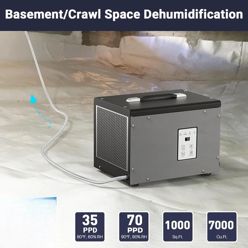 Crawl Space/Basement Dehumidifier | 70 Pint Commercial Dehumidifier with Pump and Hose | Covers up to 1000 Square Feet