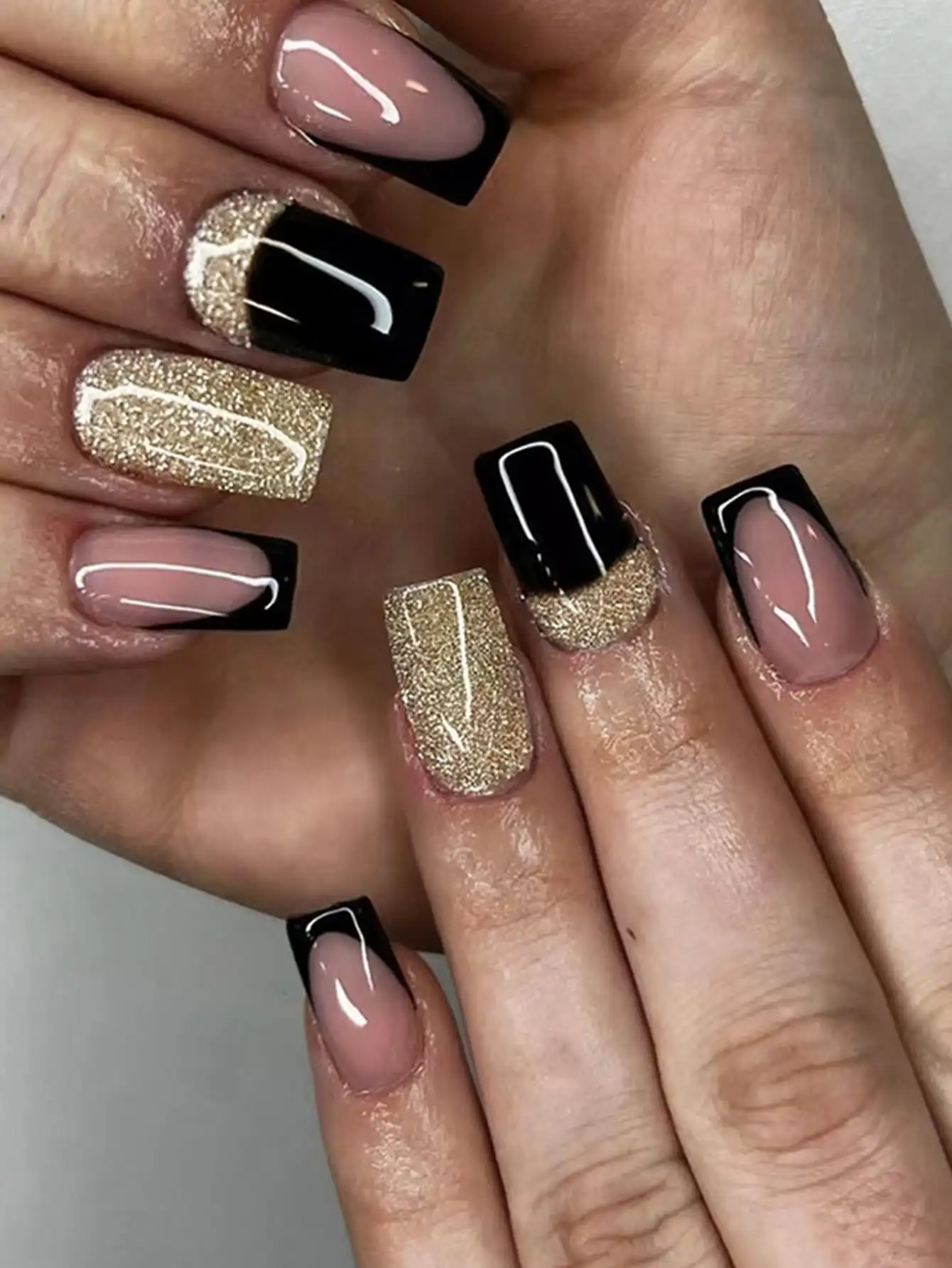 24Pcs Explosive Gold Powder Black French Nail Art With 1 Piece Of Jelly Gel And 1 File