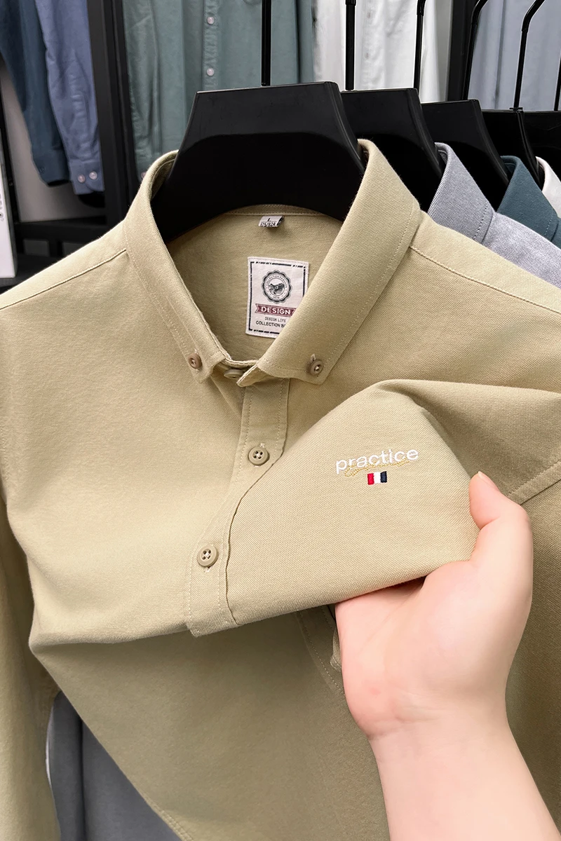 

High end 100 cotton long sleeved shirt men's luxury brand embroidered solid color business casual 2024 spring and autumn new top