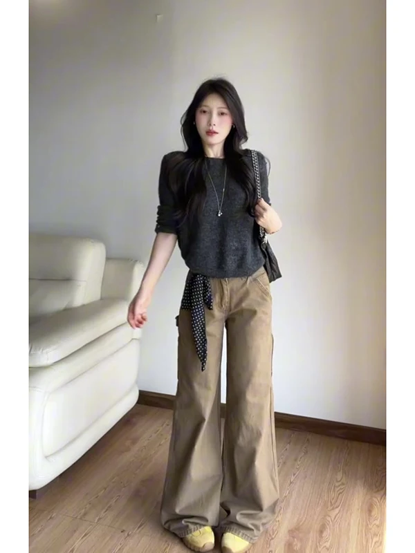 

Американские ретро-джинсы цвета хаки, женские, с высокой талией, свободные, прямые, широкие брюки, осенние, длинные.