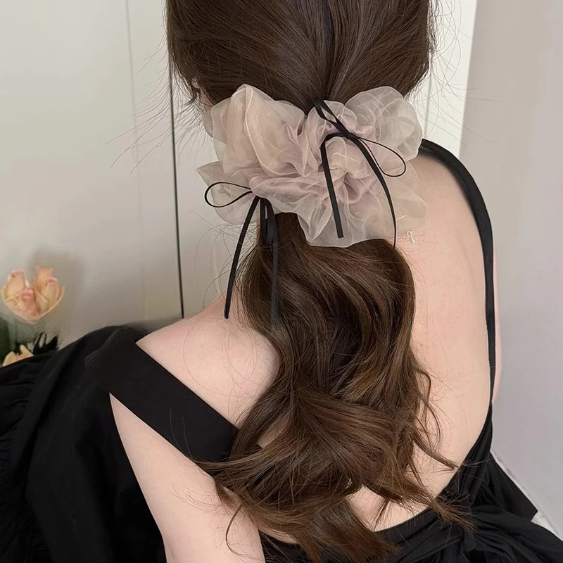 Ethereal Mesh Ribbon Bow Scrunchie 2024 New Premium High Quality Elastic Hair Tie for Women Daily Versatile Non Slip Soft