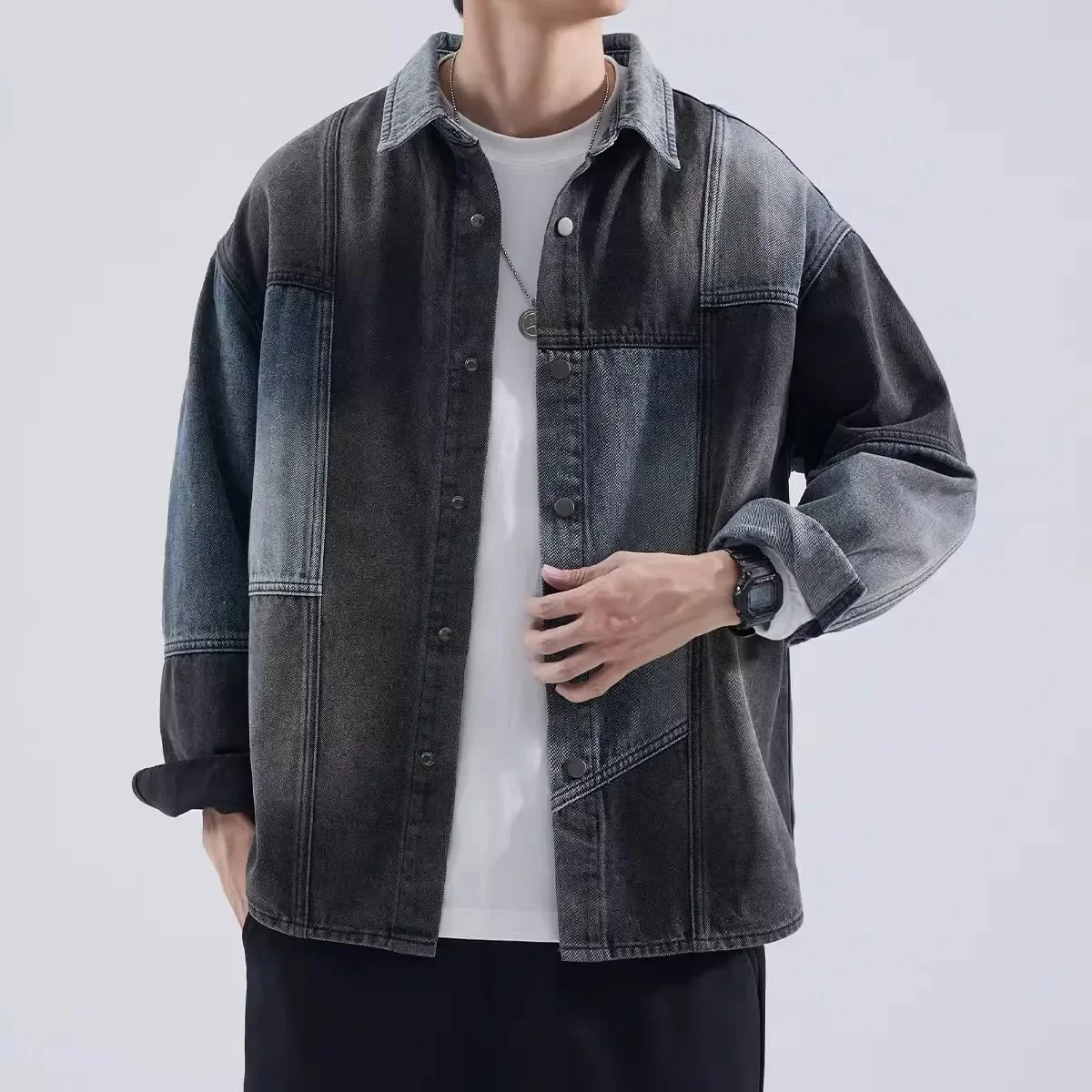 سترة الدنيم الأمريكية الرجعية تقسم، الرجال الربيع والخريف العلامة التجارية الجديدة العصرية فضفاضة عارضة قميص، الأدوات سترة أعلى