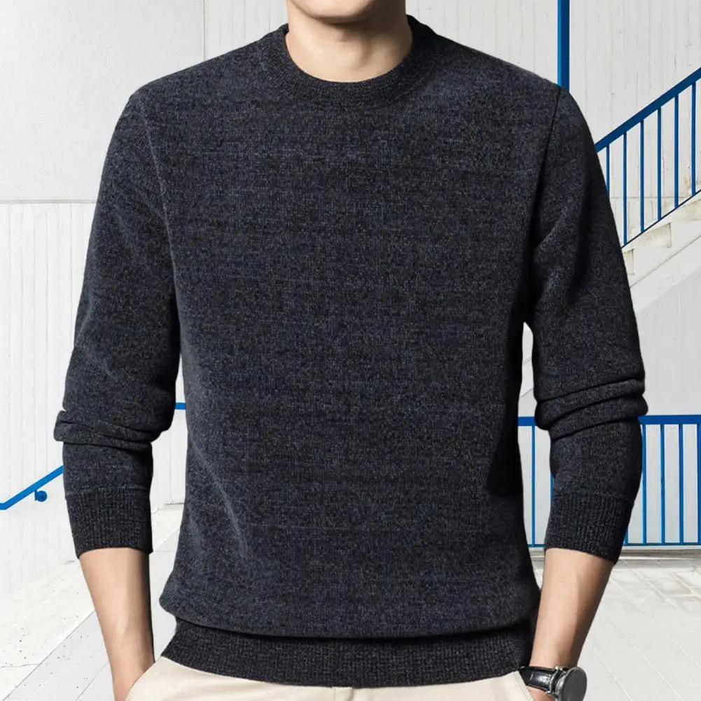 Men Fall Winter Sweater Thick Plush Lined Knitted Sweater Elastic Pullover Loose Keep Warm Work Business Sweater