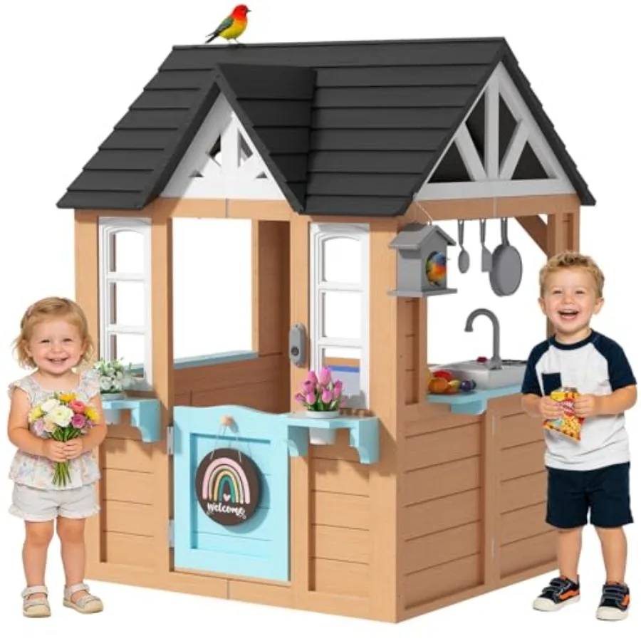 

Outdoor Playhouse for Wooden Kid Play House with Play Kitchen Birdhouse Flowerpot Holders and Mud Molds Premium Wood Cottage fo