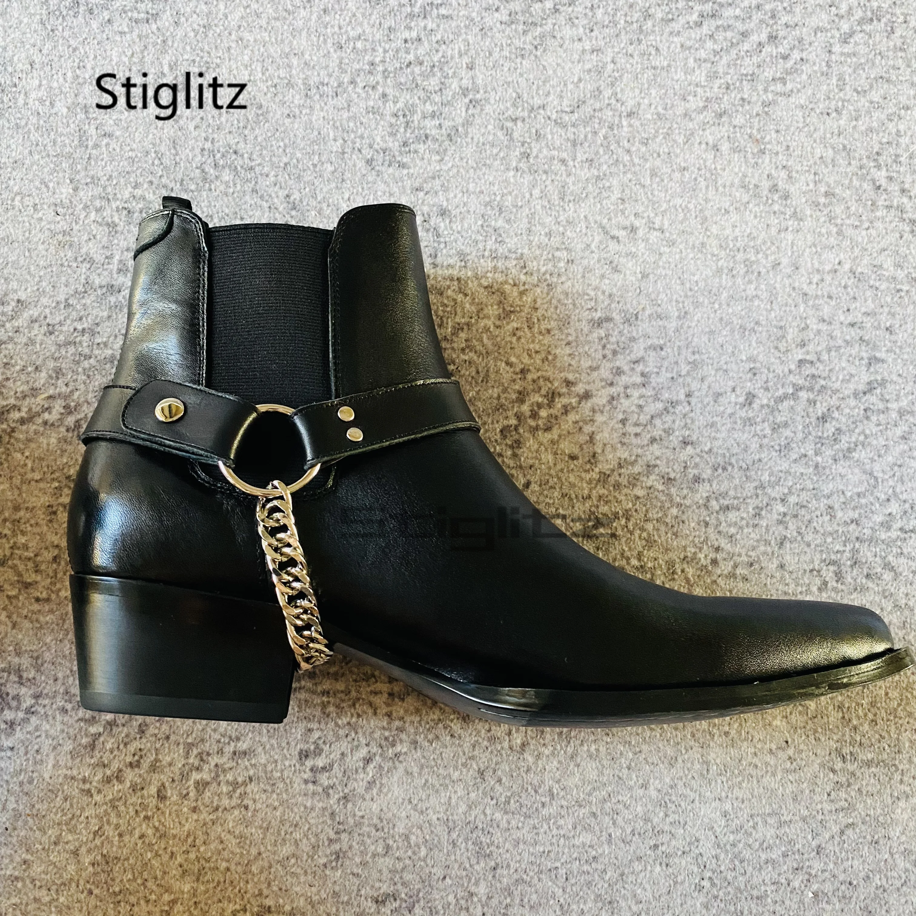 أسود جلد طبيعي سلسلة الأحذية للرجال أشار تو الانزلاق على ميد الكعوب حذاء من الجلد اليدوية مطاطا الأعمال فستان الأحذية #2