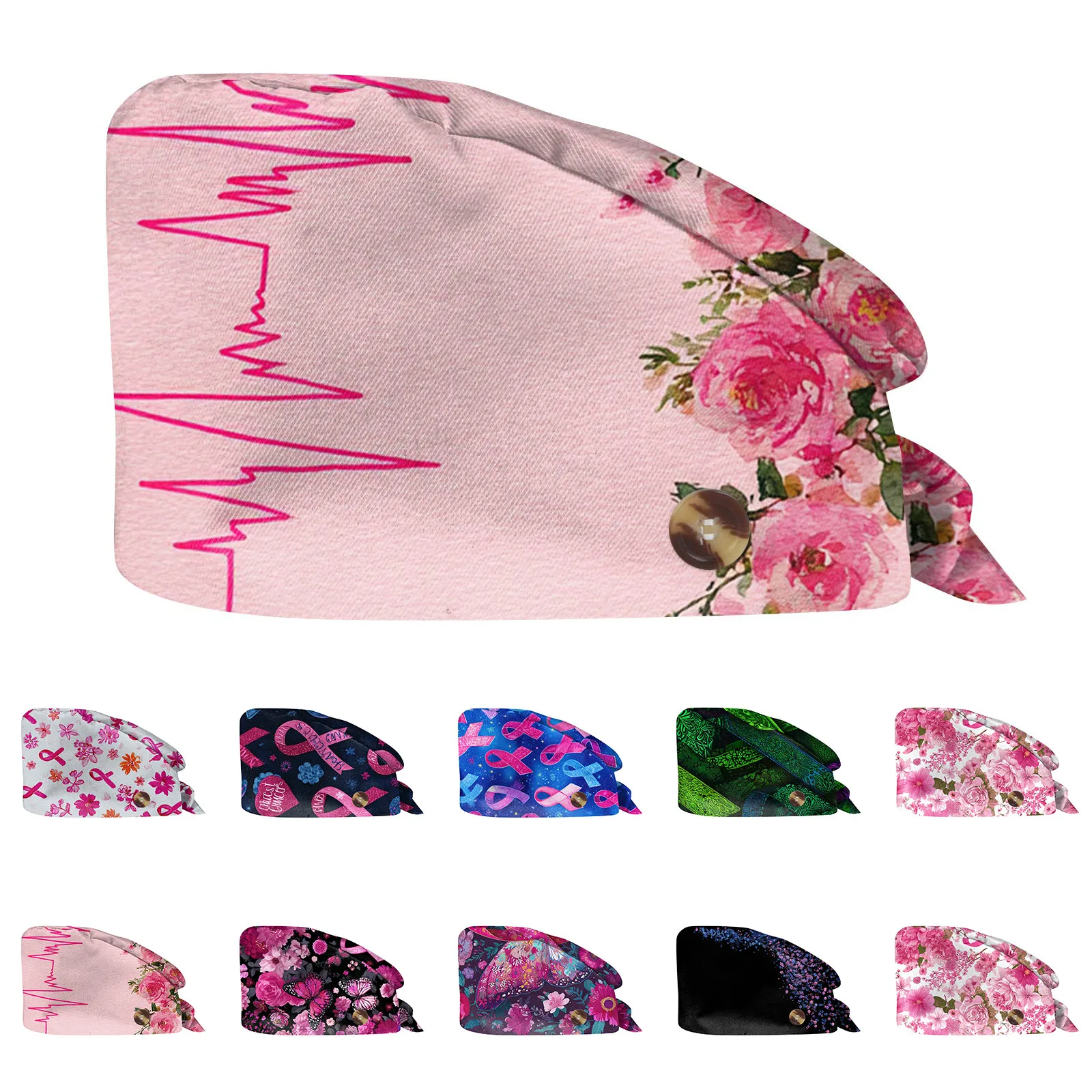 Gorros de cirujano para mujer, gorro de enfermería para el cuidado de la salud con estampado del día de la conciencia del cáncer de mama, gorros quirúrgicos médicos de Hospital Unisex